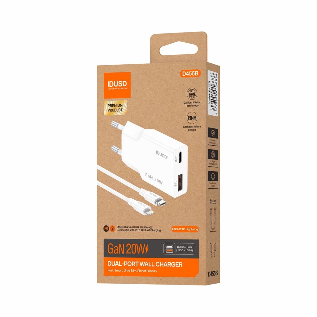 image of Eco GaN 20W Dual Port Wall Charger (USB-A + USB-C) - D455B